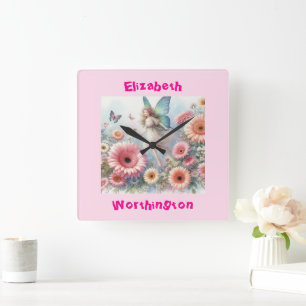 Aquarell-Blumen-Fee-Prinzessin-Typografie rosa Quadratische Wanduhr