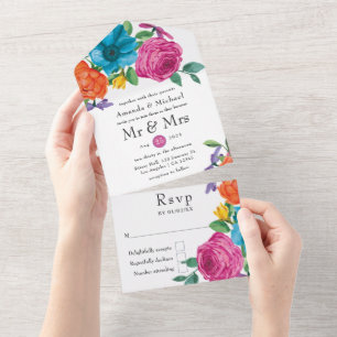 Aquarell-Blumen-Fiesta-Hochzeit All In One Einladung