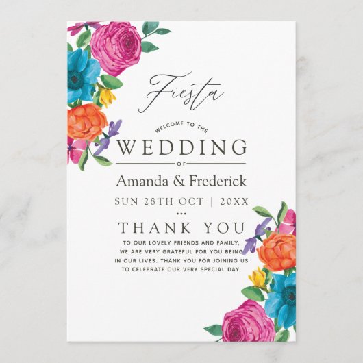 Aquarell-Blumen-Fiesta-Hochzeit Programm (Vorderseite)