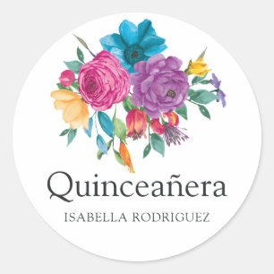 Aquarell-Blumen-Fiesta-Quinceañera Runder Aufkleber