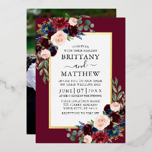 Aquarell-Blumen-Foto-Hochzeit Burgunderrot Gold Folieneinladung
