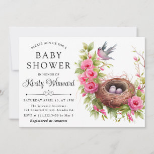 Aquarell-Blumen-Frühlings-Vogelnest-Baby-Party Einladung
