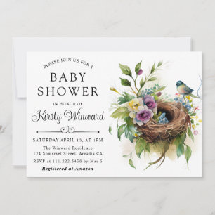 Aquarell-Blumen-Frühlings-Vogelnest-Baby-Party Einladung