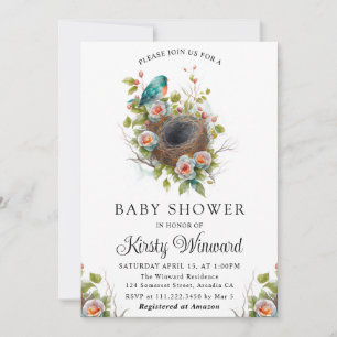Aquarell-Blumen-Frühlings-Vogelnest-Baby-Party Einladung