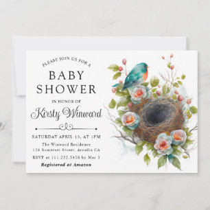 Aquarell-Blumen-Frühlings-Vogelnest-Baby-Party Einladung