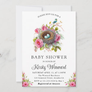 Aquarell-Blumen-Frühlings-Vogelnest-Baby-Party Einladung