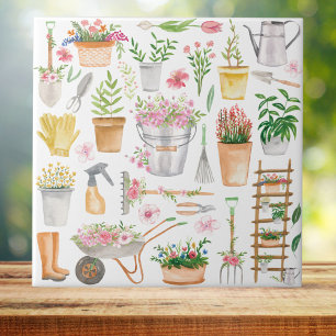 Aquarell-Blumen-Gartengeräte-Muster Fliese