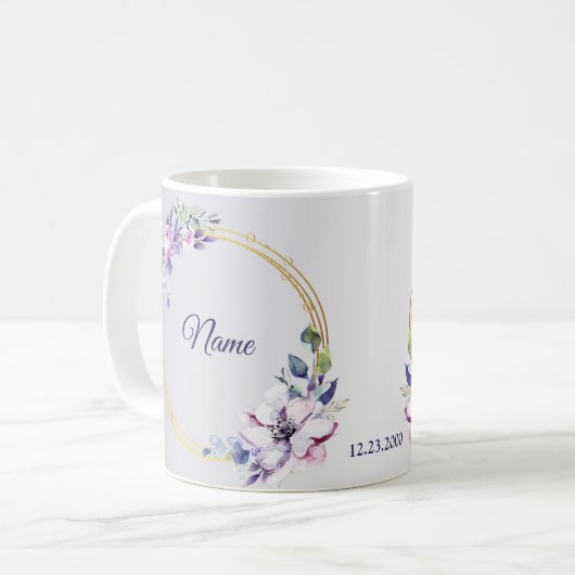 Aquarell Blumen Geometrisch Golden Lila Hochzeit Kaffeetasse (Vorderseite Links)