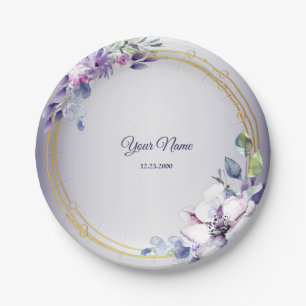 Aquarell Blumen Geometrisch Golden Lila Hochzeit Pappteller