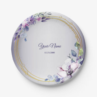 Aquarell Blumen Geometrisch Golden Lila Hochzeit Pappteller
