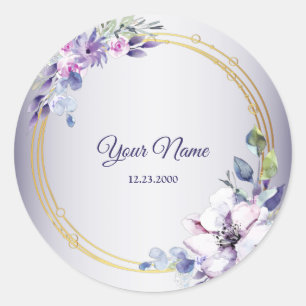 Aquarell Blumen Geometrisch Golden Lila Hochzeit Runder Aufkleber