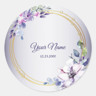 Aquarell Blumen Geometrisch Golden Lila Hochzeit Runder Aufkleber