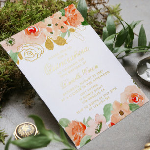 Aquarell-Blumen-Glitter-Moderne Quinceañera Gold  Folieneinladung