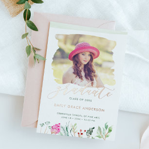 Aquarell-Blumen-Gold-Schrift-Foto-Abschluss Folieneinladung