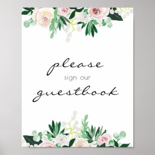Aquarell-Blumen-Grün-Gästebuch-Hochzeit Poster