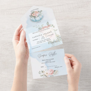 Aquarell Blumen Hellblauer Kürbis Babyparty All In One Einladung