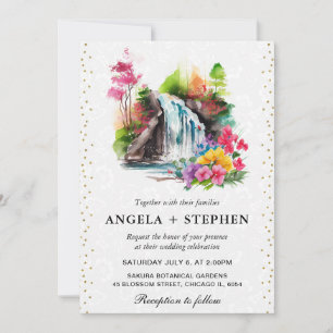Aquarell-Blumen-Hochzeit am Wasserfall im Frühling Einladung