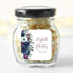 Aquarell-Blumen-Hochzeit in Pflaumenblau und Marin Quadratischer Aufkleber