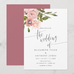Aquarell-Blumen-Hochzeit in Rosé und Roségold Einladung
