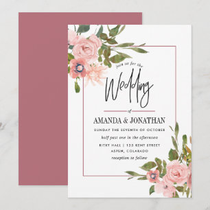 Aquarell-Blumen-Hochzeit in Rosé und Roségold Einladung