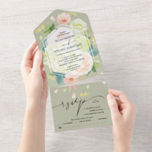 Aquarell-Blumen-Hochzeit in Salbeigrün All In One Einladung