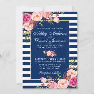 Aquarell-Blumen Hochzeit Rosa Blau Streifen WS Einladung