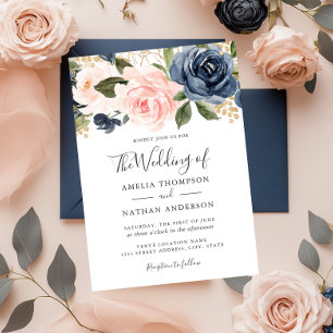Aquarell-Blumen-Hochzeits-Einladung Pfirsich-Navy Einladung