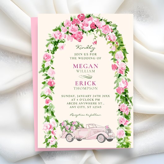 Aquarell-Blumen-Hochzeitsauto Einladung