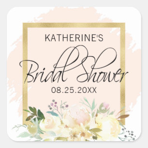 Aquarell-Blumen-Hochzeitsbrause in Rosa und Gold Quadratischer Aufkleber