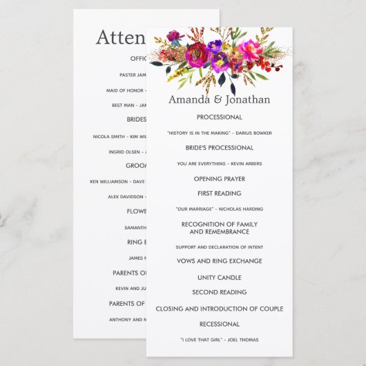 Aquarell-Blumen-Hochzeitsprogramm Programm (Vorne/Hinten)