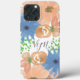 Aquarell-Blumen in Pfirsich und Blau mit Monogramm Case-Mate iPhone Hülle