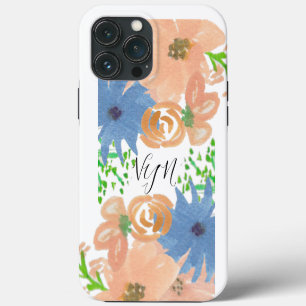 Aquarell-Blumen in Pfirsich und Blau mit Monogramm iPhone 13 Pro Max Hülle
