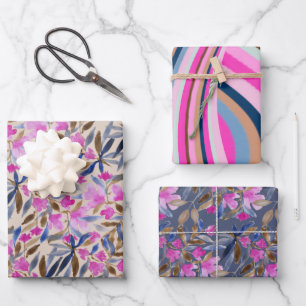 Aquarell-Blumen in rosa venezianischem Blau und Ze Geschenkpapier Set