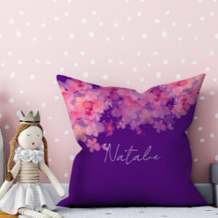 Aquarell-Blumen-Koralle-Lila-Name Kissen