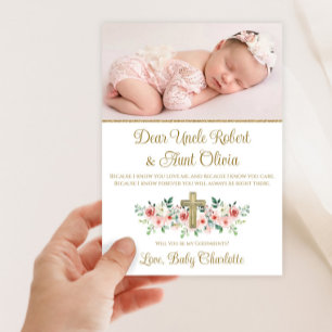 Aquarell-Blumen-Kreuz-Patenonkel für Baby Mädchen Einladung