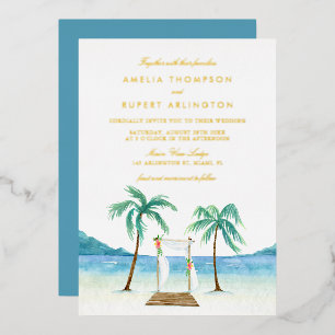 Aquarell-Blumen-Laube-Tropische-Strand-Hochzeit Folieneinladung