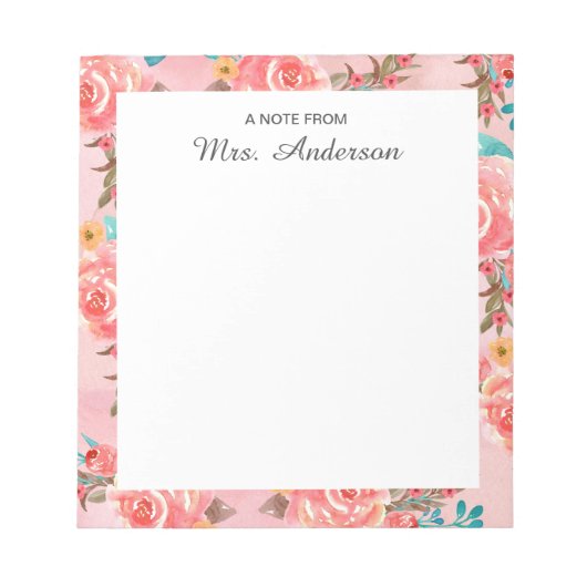 Aquarell-Blumen-Lehrer-Würdigungsscript-Name Notizblock (Vorderseite)
