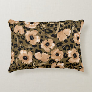 Aquarell-Blumen-Leopard: Endloses Muster Dekokissen