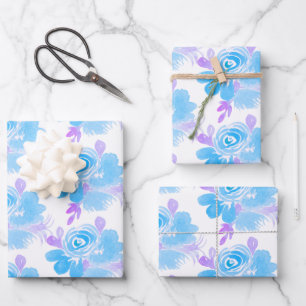 Aquarell-Blumen, lila blau hell handgemalt Geschenkpapier Set