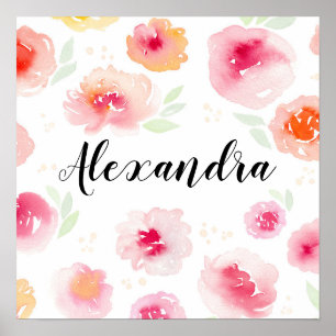 Aquarell-Blumen Mädchen Name Kinderzimmer Kinderkr Poster