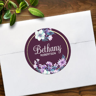 Aquarell-Blumen mit Goldfolien-Akzent personalisie Runder Aufkleber