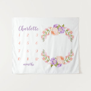Aquarell-Blumen-Monogramm-Baby-Meilenstein-Foto Wandteppich
