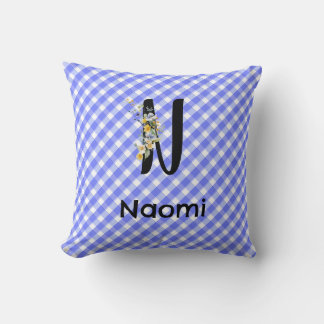 Aquarell-Blumen-Monogramm Gingham-Blau-Muster Kissen