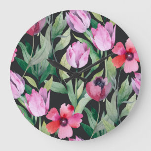 Aquarell-Blumen, nahtloses schönes Muster. Große Wanduhr