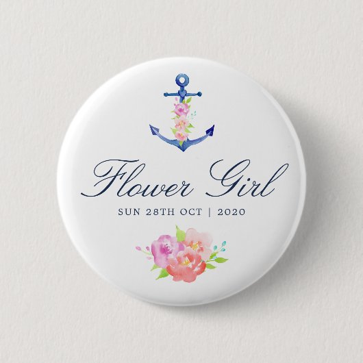 Aquarell-Blumen-nautisches Hochzeits-Blumenmädchen Button (Vorderseite)