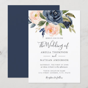 Aquarell-Blumen Navy Pfirsich Hochzeit  Einladung