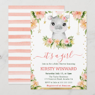 Aquarell-Blumen-Nilpferd-Mädchen-Baby-Party Einladung