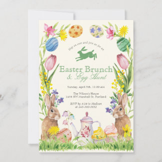 Aquarell-Blumen-Oster-Brunch-Ei-Hase-Teekanne Einladung