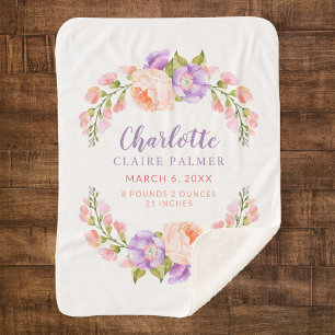 Aquarell-Blumen-Personalisierte-Baby-Geburtsstatis Sherpadecke