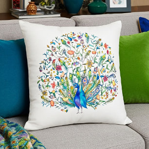 Aquarell-Blumen-Pfau  Kissen